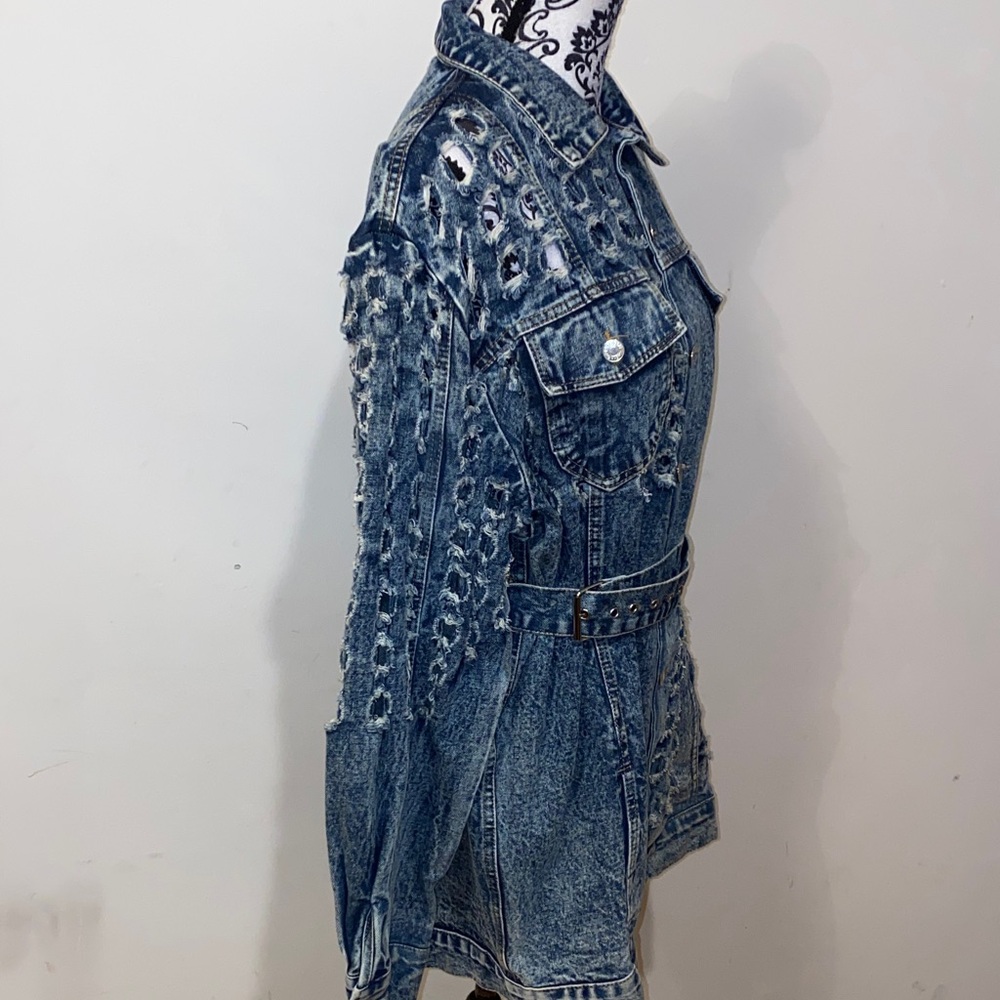 Ma Cherie Denim Distressed Jean Jacket With Belt Mid Length Size Large - Picture 11 of 16